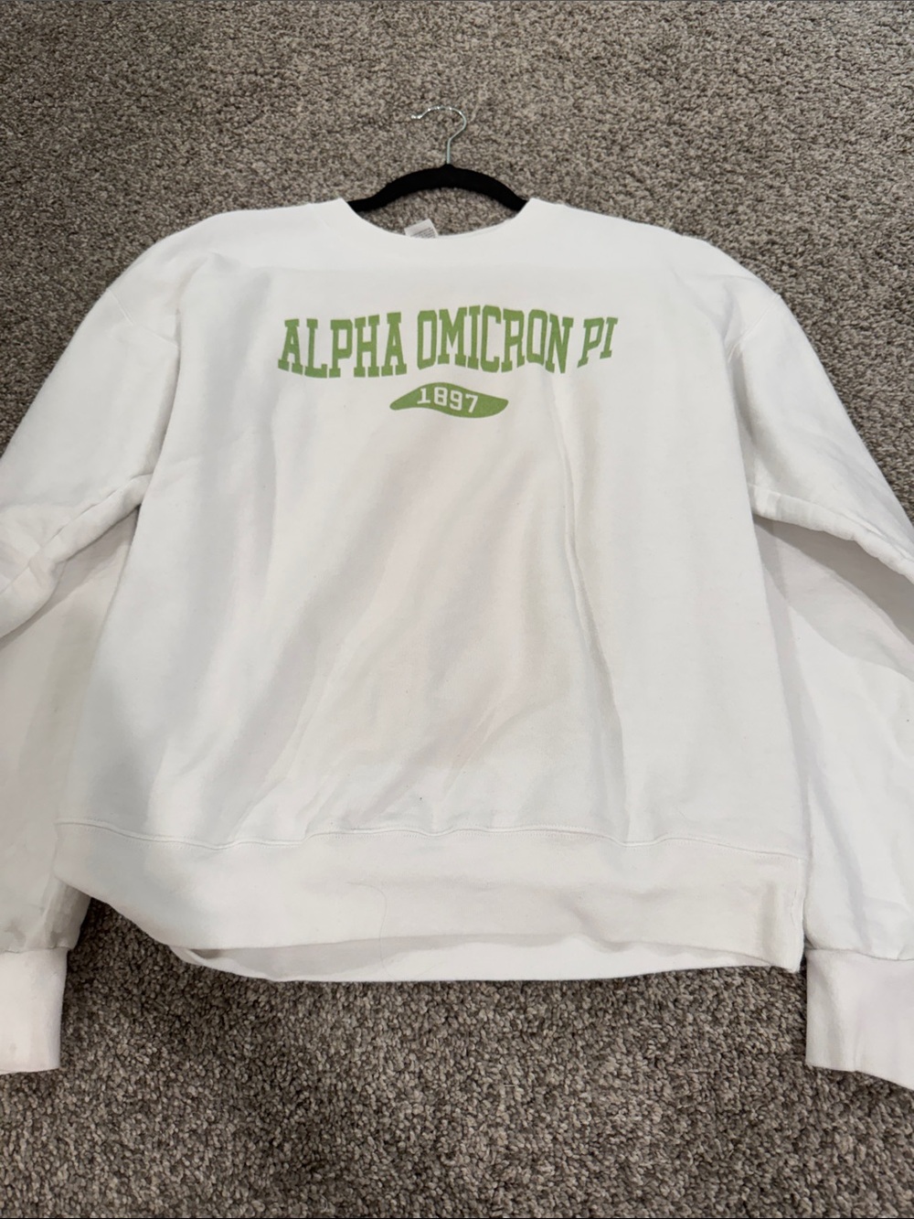 Alpha Omicron Pi White Crewneck Sweatshirt with Green Lettering